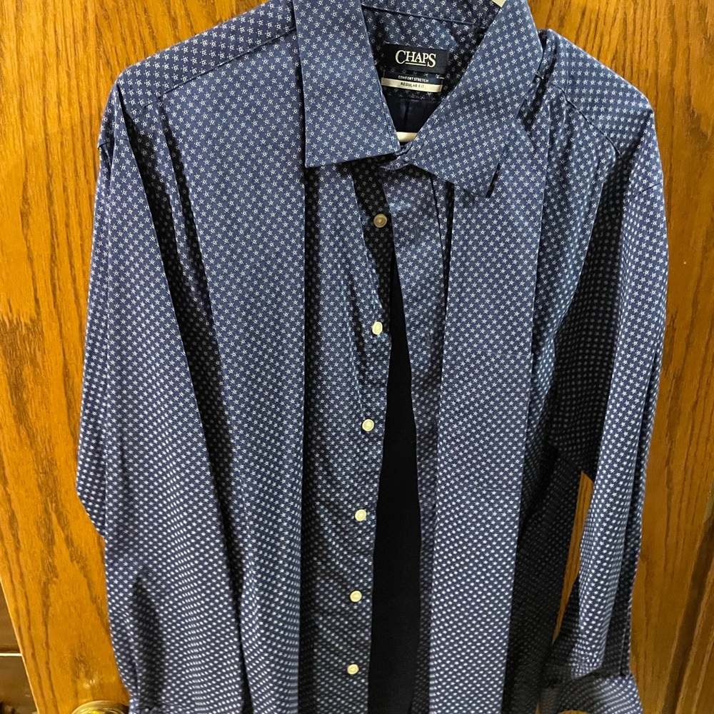 Chaps shirt blue with white design.